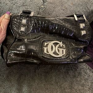 GUESS Black Croc-Embossed Handbag with Silver Accents